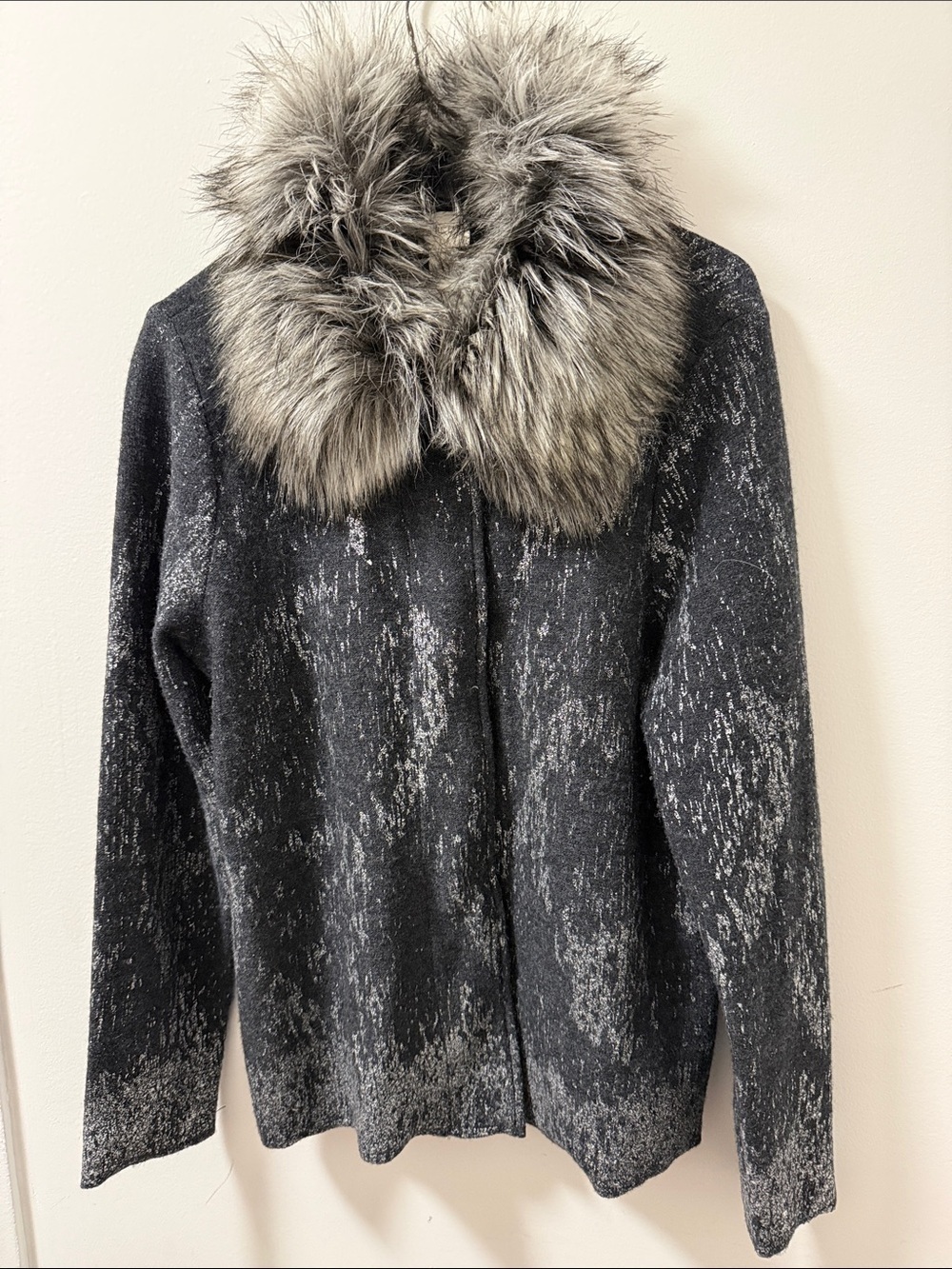 Chico’s Kendall Foil Printed Wool Sweater Jacket with Faux Fur Collar. Size M.
